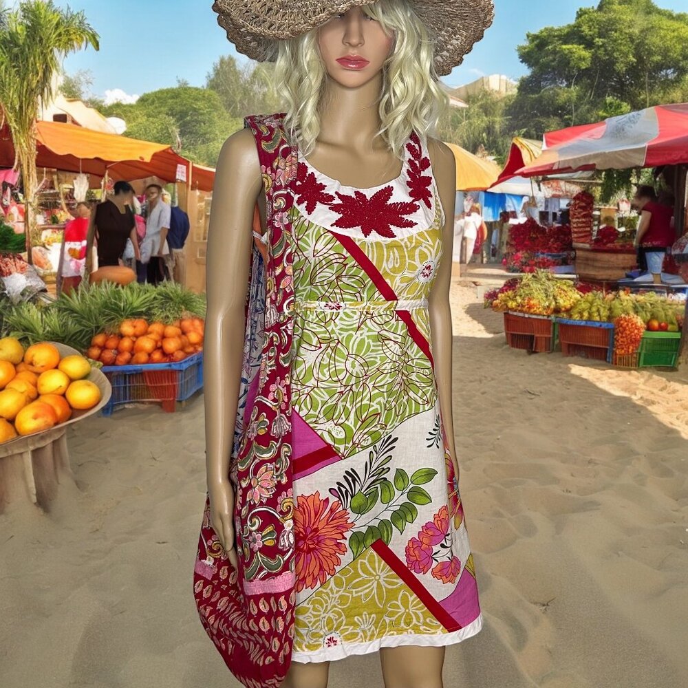 Colorful floral boho embroidered sleeveless multi print cotton summer dress M